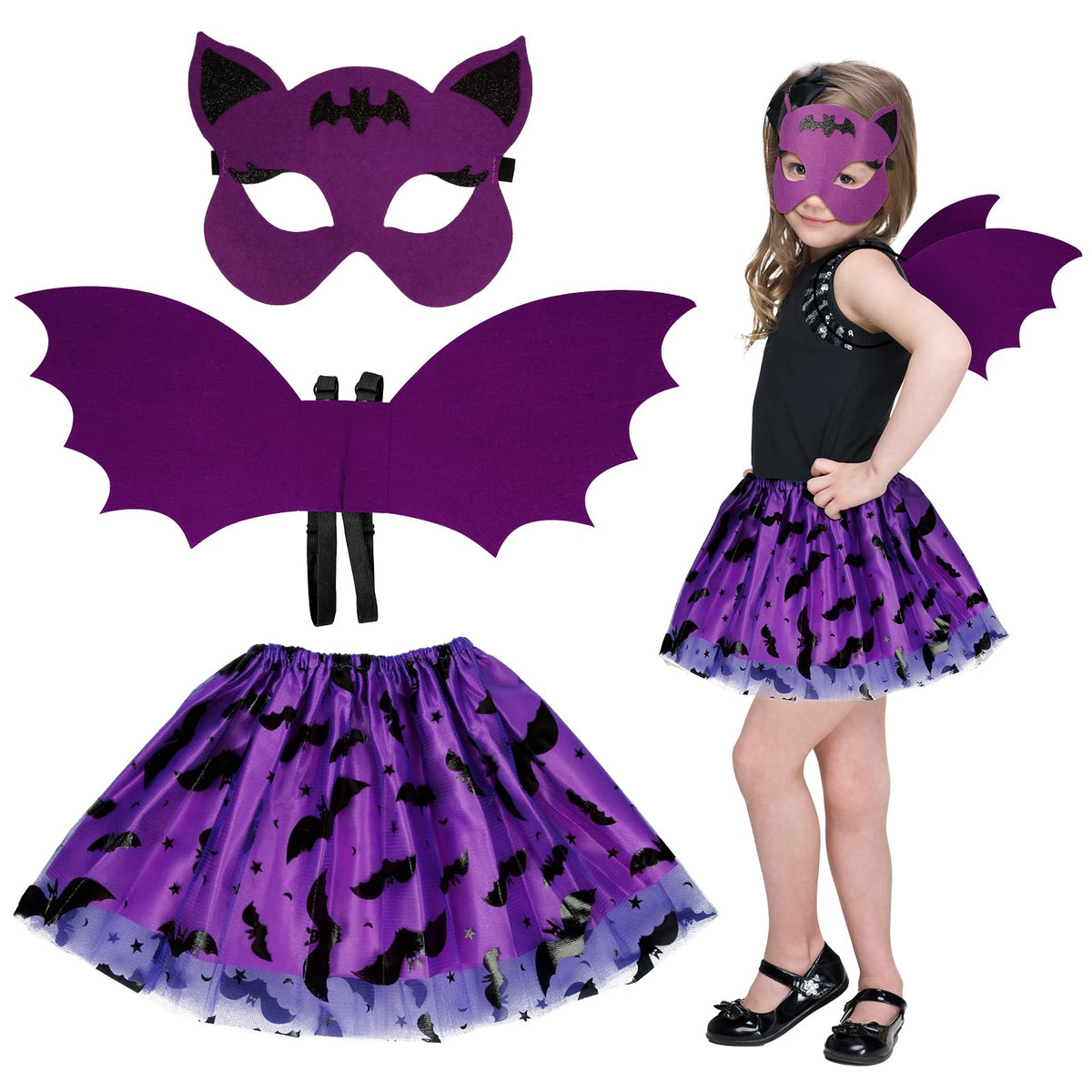 HONMOK 3 Piece Girls Bat Wings Costume, Halloween Purple Bat Fancy Dress Outfit Include Bat Tutu Skirt & Bat Eyemask & Bat Wings, for 3-10y Kids Halloween Costume Cosplay Accessories