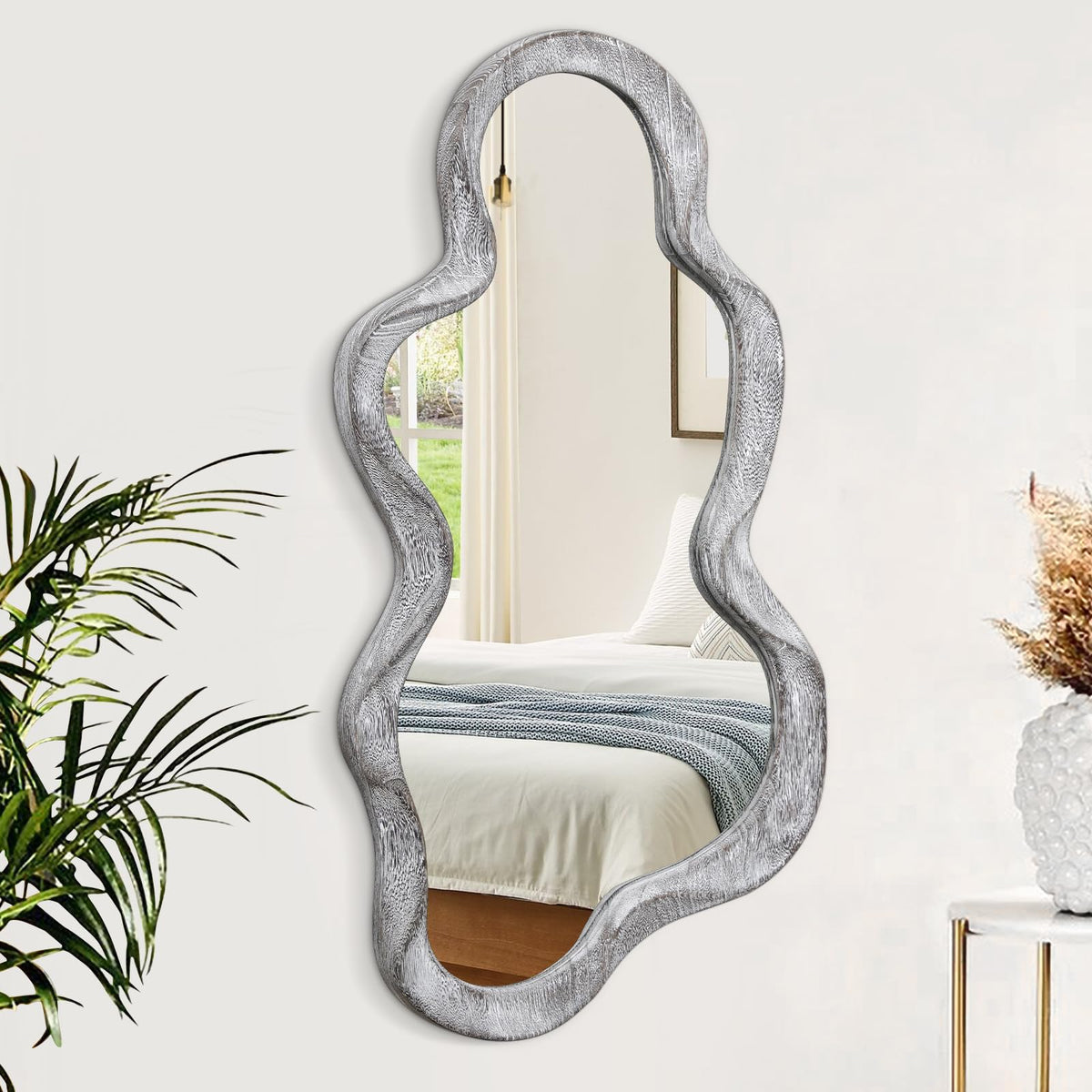 Irregular Wall Mirror Cloud Wood Frame Asymmetrical Modern Mirror for Wall for Vanity Bathroom Living Room Bedroom Entryway Hallway Modern Unique Decorative Artistic Mirror Natural