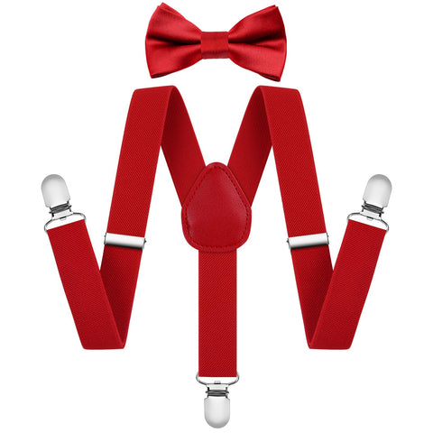 AOOWU Red Bow Tie and Suspender Set for Kids Boys Girls Child, Solid Color Bow Ties Boys Suspenders Y Shape with Clips Elastic Adjustable Toddler Brace for Halloween Christmas Wedding Party Cosplay
