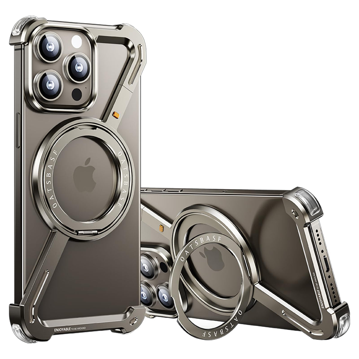 OATSBASF Minimalist Phone Case Compatible with iPhone 15 Pro Max, 360Â° Rotation Kickstand Aluminum Metal Frameless Design Bumper Z Case, Protective Shock Grade Shell, Natural Titanium