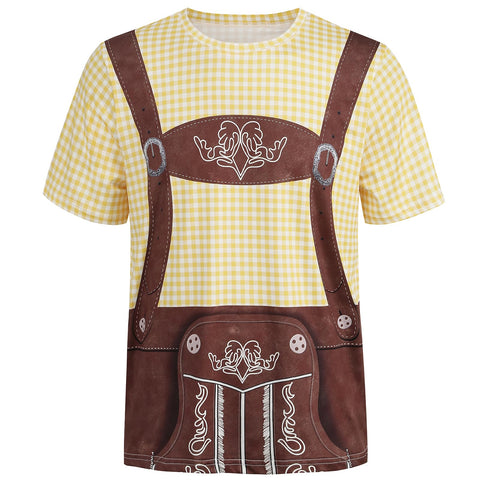 maxToonrain T Shirts for Men Oktoberfest Costume Funny,Adult Traditional Bavarian Lederhosen Shirt Shortsleeve Plaid 3D Print Shirts for Mens(Yellow,2XL)