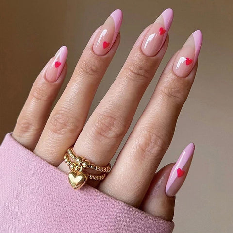 24Pcs Heart Press on Nails Medium, Almond Shape Fake Nails with Red Heart Designs, Full Cover Glue on Nails, Artificial Acrylic French False Nails, Nude Pink Stick on Nails for Women