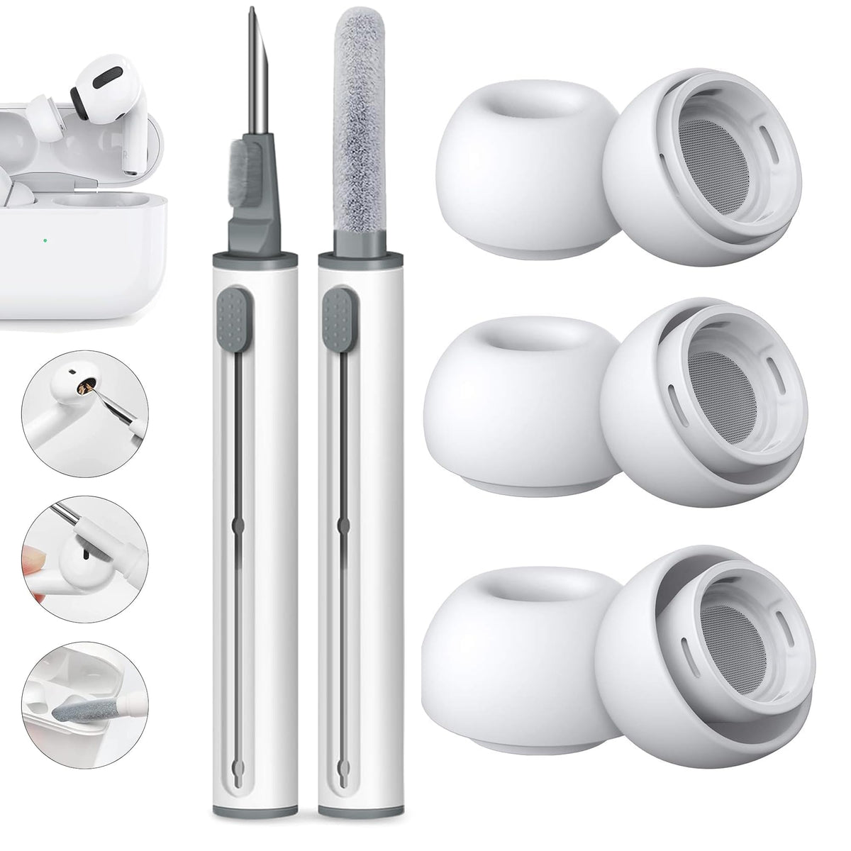 Foweroty Silicone Ear Tips Replacement for AirPods Pro and AirPods Pro 2nd Generation,with Noise Reduction Hole & Built-in dust Guard Screen,3 in 1 Cleaner Kit for USB-C Charging Case-3 Sizes(S/M/L)