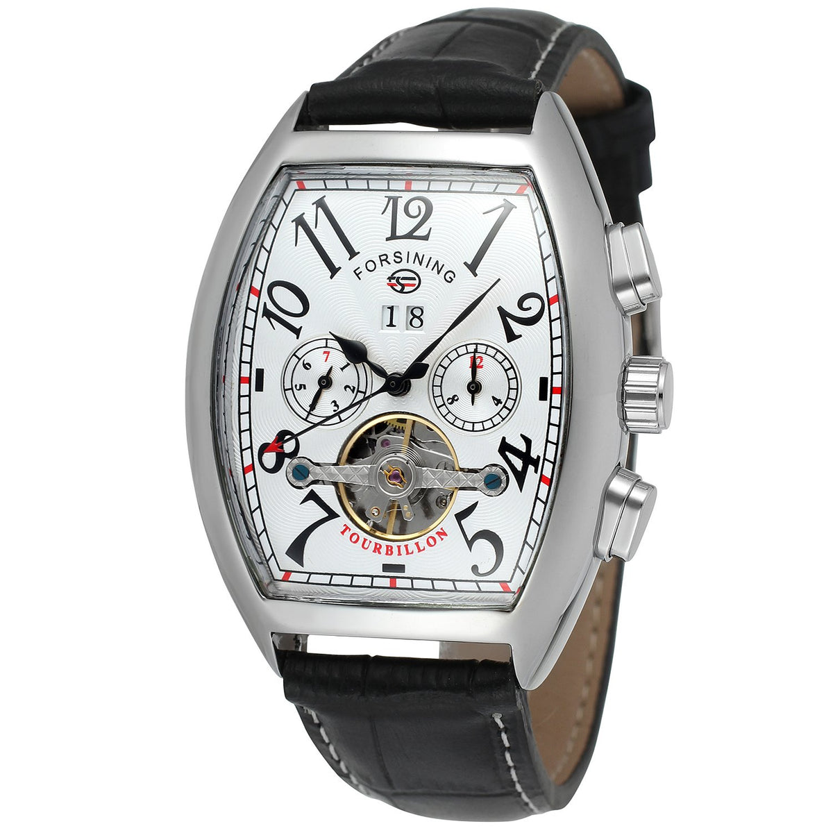 FORSINING Men's Automatic Self-Winding Rectangle Watch Calendar Genuine Leather Strap Tourbillon Watch