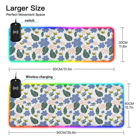 Flower Leaves Wireless Charging Mouse Pad for Mobile Phone Extra Large Gaming Mousepad with 13 Lighting Modes Keyboard Mat for Gaming MacBook PC Laptop Desk Home Office