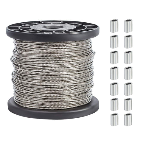 AHANDMAKER 304 Stainless Steel Wire Cable, 328 Ft Length 1/16 Wire Rope with 50 Pcs Rectangle Aluminum Crimping Sleeves for Party Decro String, Clothesline