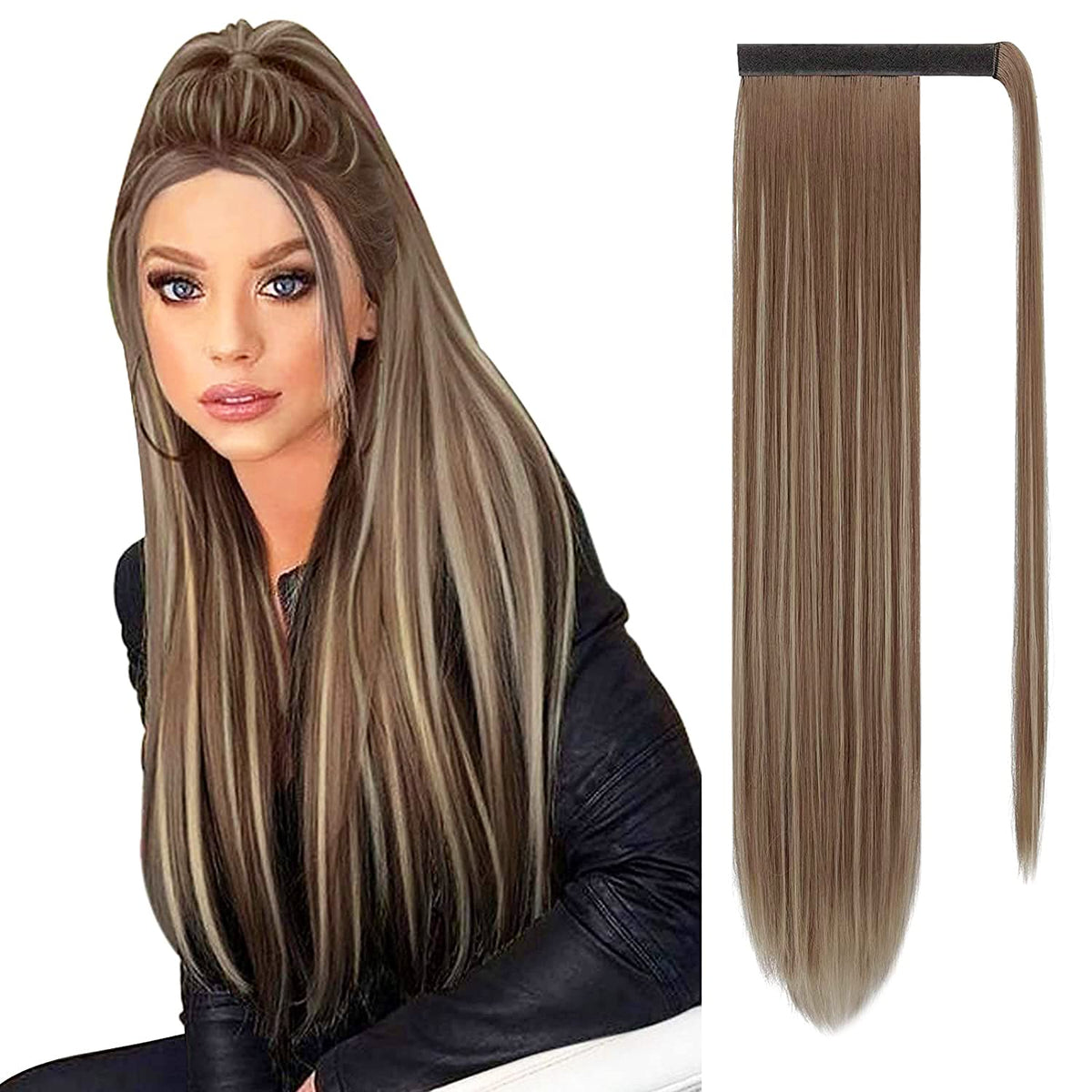 Sofeiyan Long Straight Ponytail Extension 26 inch Wrap Around Ponytail Synthetic Hair Extensions Clip in Ponytail Hairpiece for Women, Brown & Blonde
