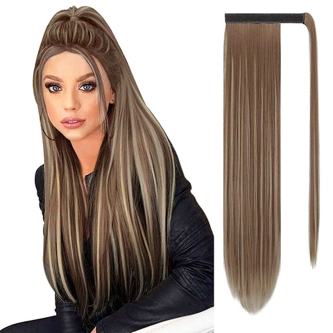 Sofeiyan Long Straight Ponytail Extension 26 inch Wrap Around Ponytail Synthetic Hair Extensions Clip in Ponytail Hairpiece for Women, Brown & Blonde