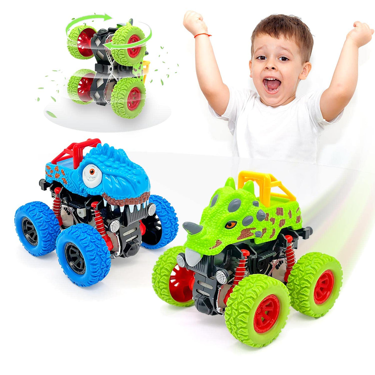 AESTEMON Car Toys for 2 Year Old Boy, 2-Pack Dinosaur Monster Truck Toys Cars for 2 3 Year Old Boys Gifts, Pull Back Friction Inertia Vehicles Birthday Gifts for Kids Toddler Boys Toys Age 2 3 4 5