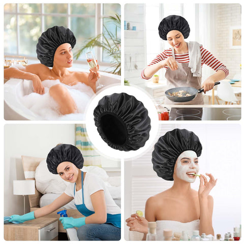 Fentar Shower Cap, Triple Layer Shower Cap for Women, Waterproof Shower Cap with Microfiber Liner, Practical Bathing Accessories, Soft Hair Wrap, Reusable Large Shower Cap for Long Hair (Black)
