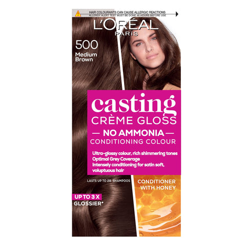 LOreal Paris Ammonia Free Semi-Permanent Hair Dye, 500 Medium Brown, Glossy Hair Colour, Natural Looking Finish, For up to 28 Shampoos, Casting CrÃƒÆ’Ã†â€™Ãƒâ€ Ã¢â‚¬â„¢ÃƒÆ’Ã¢â‚¬Å¡Ãƒâ€šÃ‚Â¨me Gloss, 1 Application