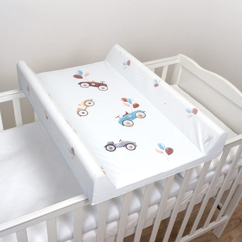 Baby Hard Base Changing Mat/Top Changer 80x50 cm fits 140x70 cm Cot Bed Unisex Wedge Anti Roll Nappy Newborn Baby Waterproof Changing Mat with Raised Edges (Retro Cars)