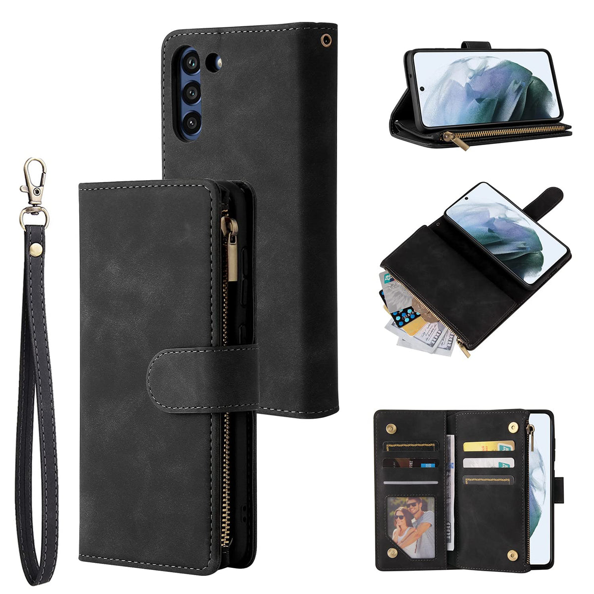 QLTYPRI Case for Samsung Galaxy S21 FE, Large Capacity Leather Wallet Case 6 Card Holder & 1 Zipper Pocket Kickstand Wrist Strap Magnetic Protective Cover for Samsung Galaxy S21 FE - Black