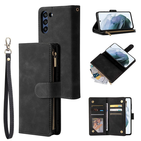 QLTYPRI Case for Samsung Galaxy S21 FE, Large Capacity Leather Wallet Case 6 Card Holder & 1 Zipper Pocket Kickstand Wrist Strap Magnetic Protective Cover for Samsung Galaxy S21 FE - Black