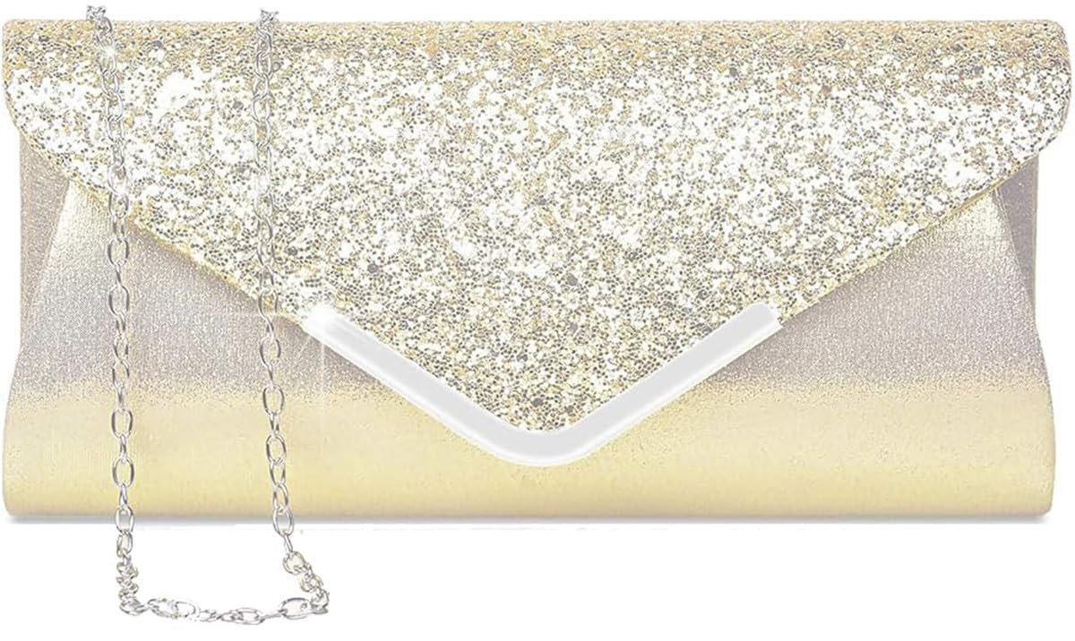 Fioeyr Women Clutch Bag Elegant Sequins Evening Clutch Purse Chain Shoulder Bags Sparkly Gold Evening Bridal Prom Party Handbag Purse