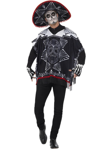 Smiffys Day of the Dead Bandit Costume, Black & White with Poncho, Sombrero & Gloves, Mexican Day of The Dead/Sugar Fancy Dress, Halloween Dress Up Costumes
