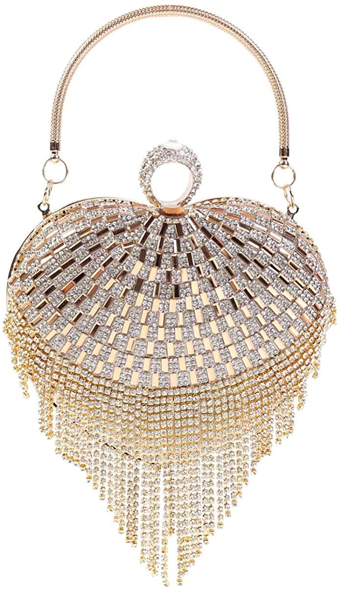 UMREN Women Luxury Heart Shape Tassel Evening Clutch Bag Rhinestones Wedding Party Purse Handbag (One Size, Gold 1)