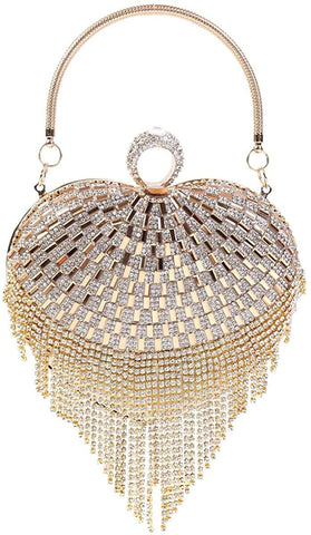 UMREN Women Luxury Heart Shape Tassel Evening Clutch Bag Rhinestones Wedding Party Purse Handbag (One Size, Gold 1)