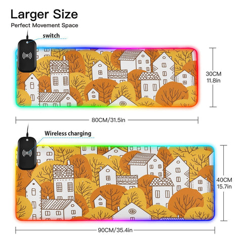 Fall City Landscape Wireless Charging Mouse Pad for Mobile Phone Extra Large Gaming Mousepad with 13 Lighting Modes Mouse Mat for Office Home Gaming MacBook PC Laptop Desk