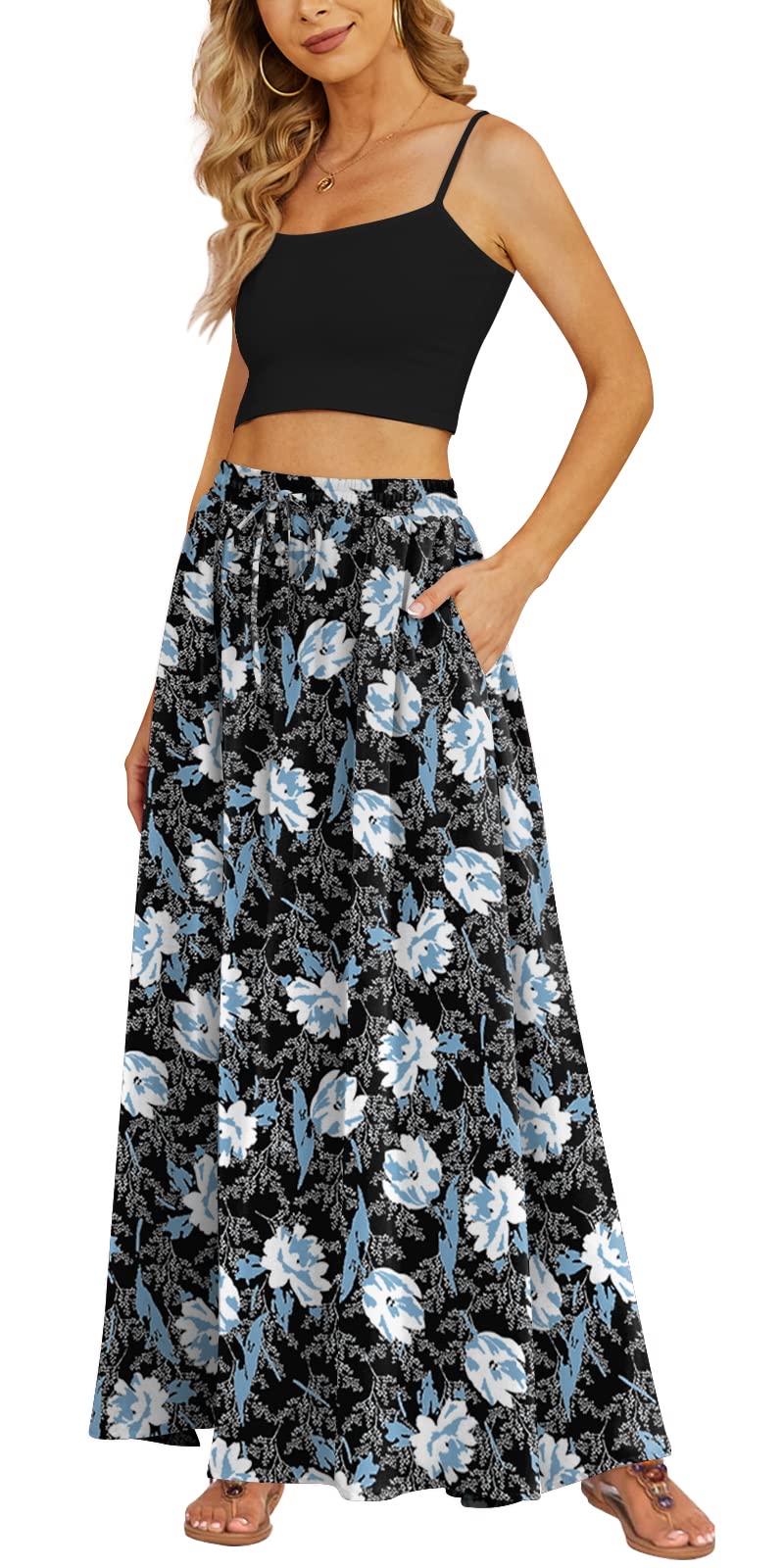 Yincro Women's Flowy Maxi Skirt Summer Pleated High Waisted Casual Long Skirts with Pockets (White Lily, M)