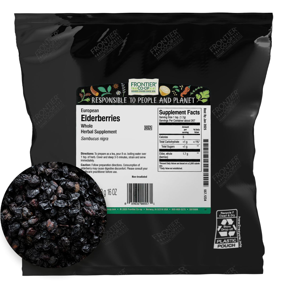 Frontier Co-op Dried Elderberries, 1lb Bulk Bag, European Whole | Kosher & Non-GMO Elderberry Dried Fruit for Elderberry Powder, Tea, Immune Support
