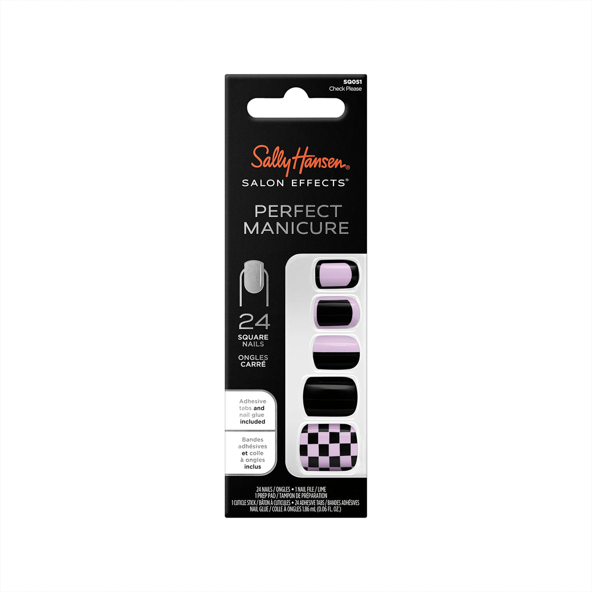 Sally Hansen Salon EffectsÂ® Perfect Manicure, Check Please, Press On Nails, Square Shaped, Non-Damaging Adhesive Tabs, File, and Alcohol Pad Included
