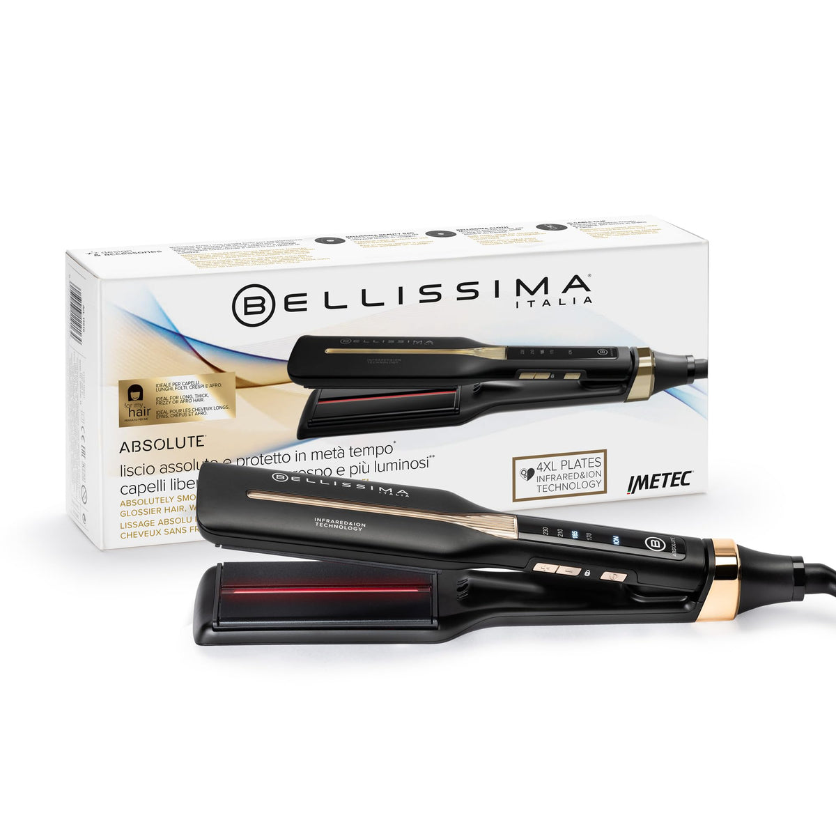 Bellissima Infrared Hair Straightener with 4 Heating Elements, Ceramic and Keratin Plate - 4 Temperatures, Soft Plates, Rounded Design, Fast Heating & Storage Bag