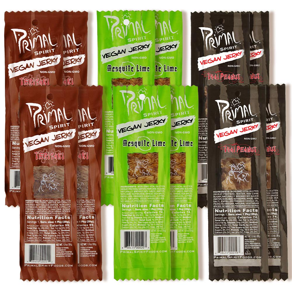 Primal Spirit Vegan Jerky - Seitan Power Pack, 10 g. Plant Based Protein, Certified Non-GMO, No Preservatives ("The Classics" Teriyaki, Thai Peanut, and Mesquite Lime, 12-Pack, 1 oz)