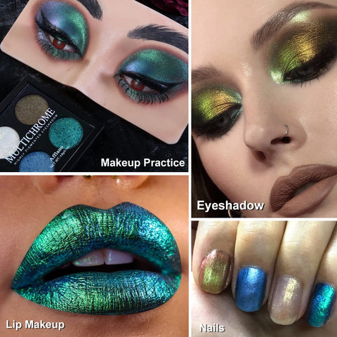 Afflano Multichrome Blue Green Eyeshadow Palette Pigmented, Duo Chrome Gold Yellow Green Glitter Eyeshadow Palette Shimmery, Holographic Glitter Sombras de Ojos for Hazel Green Eyes Makeup