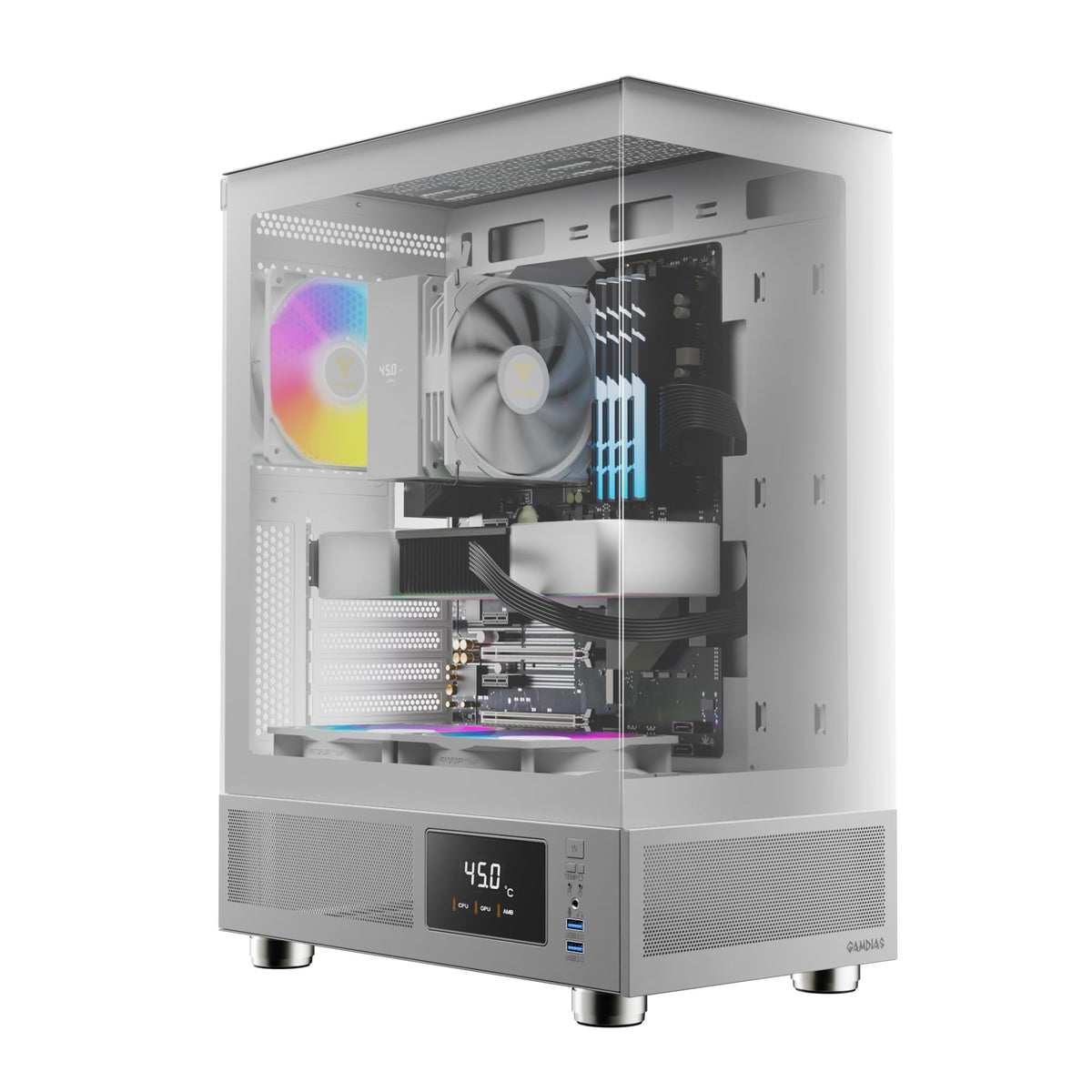 GAMDIAS ATLAS E1 WH Gaming ATX Mid Tower Computer PC Case, Customized Monitor w/Software, 3 x 120mm ARGB Fans(2 Reverse), Panoramic Tempered Glass Display, Perforated Airflow Vent PSU Chamber, White