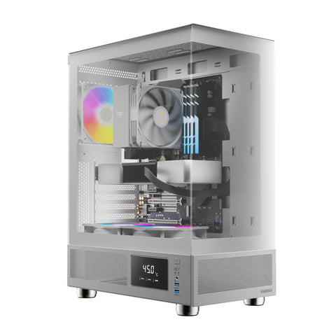 GAMDIAS ATLAS E1 WH Gaming ATX Mid Tower Computer PC Case, Customized Monitor w/Software, 3 x 120mm ARGB Fans(2 Reverse), Panoramic Tempered Glass Display, Perforated Airflow Vent PSU Chamber, White