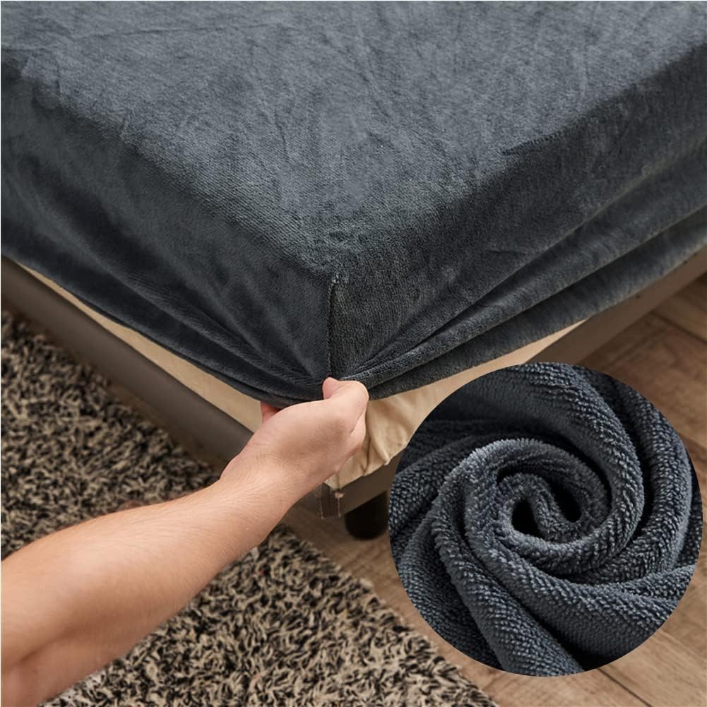 Highdi Fitted Sheet Super King Size Velvet, Dark Grey Bed Sheets 30cm Deep Pocket Warm Winter Bedding Fitted Sheet Soft Teddy Fleece Sheets Anti Wrinkle 180X200 cm