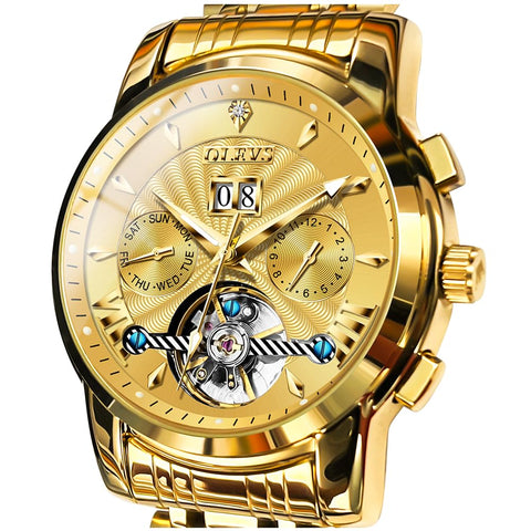OLEVS Men Automatic Watch Self Winding Skeleton Mechanical Tourbillon Classic Luxury Multi Calendar Stainless Steel Waterproof Wrist Watch for Men