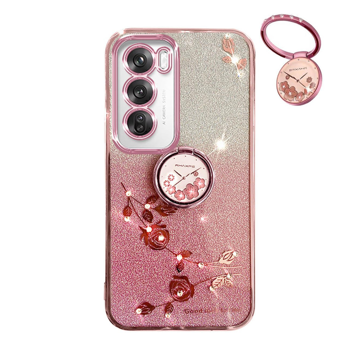 YUECXIN Glitter Case for Oppo Reno12 5G (Reno 12 5G), Bling Shiny diamond Sparkle Design Women Girls Cover, Ultra Thin Shockproof Flowers Ring Stand Soft Transparent Case, Pink