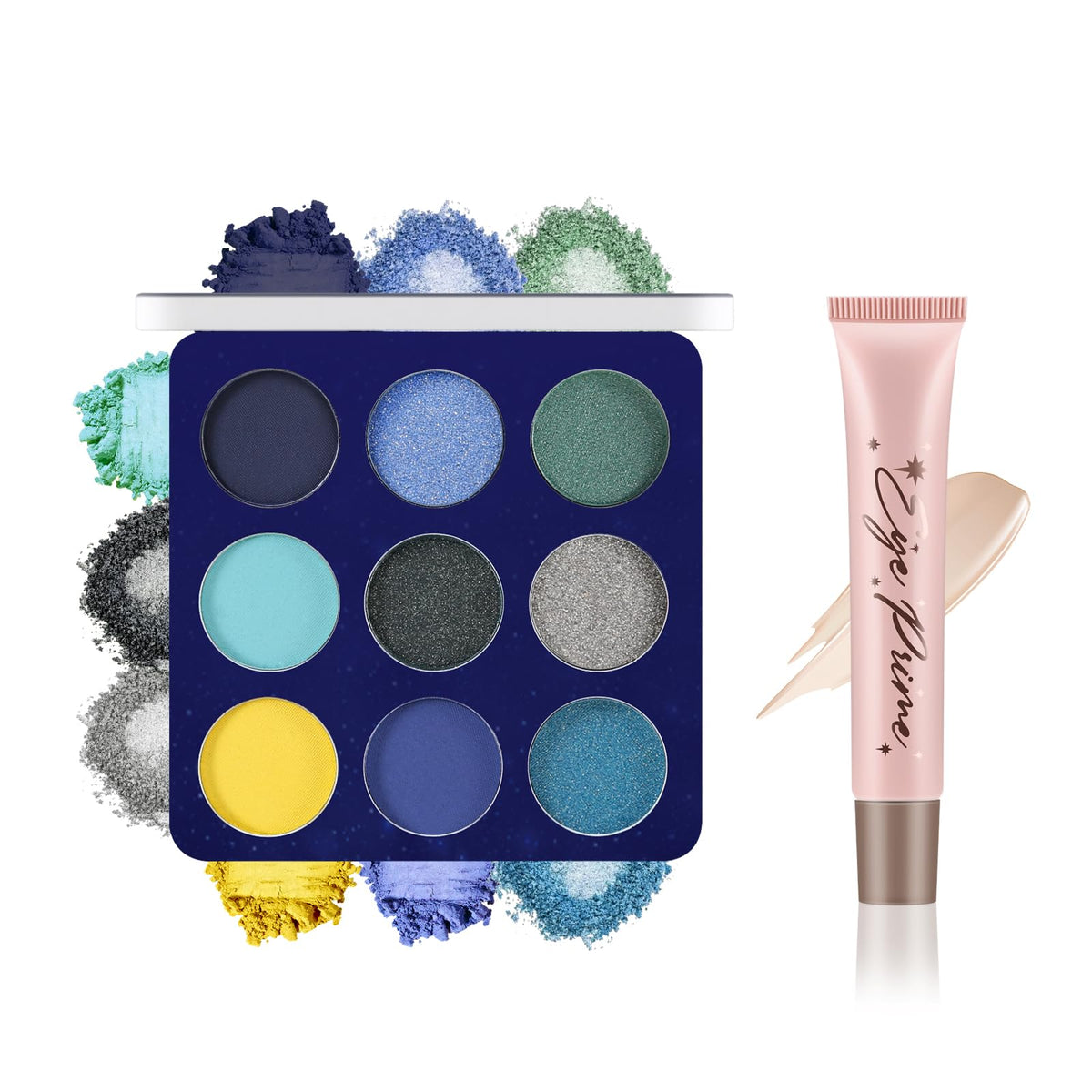 Apooliy 2pcs Eyeshadow Palette with Eye Primer,Waterproof Matte Glitter Eye Shadow,Long Wear Eyeshadow,Highly Pigmented Blue Eye Makeup