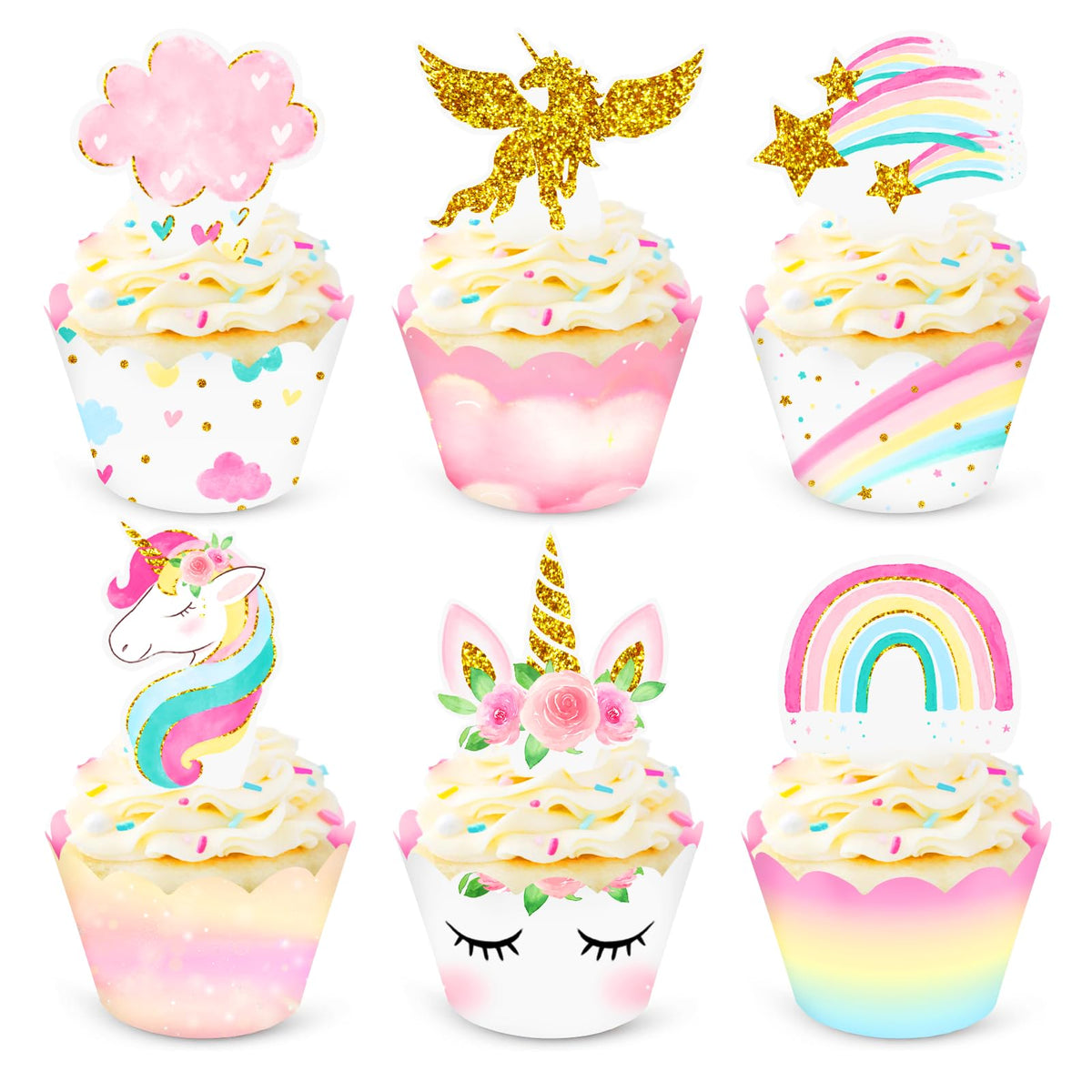 NICROHOME 30PCS Unicorn Cupcake Toppers and Wrappers, Reversible Rainbow Unicorn Cup Cake Topper for Girls Birthday Party, Unicorn Theme Party, Fairy Birthday Decorations