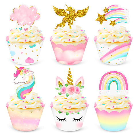 NICROHOME 30PCS Unicorn Cupcake Toppers and Wrappers, Reversible Rainbow Unicorn Cup Cake Topper for Girls Birthday Party, Unicorn Theme Party, Fairy Birthday Decorations