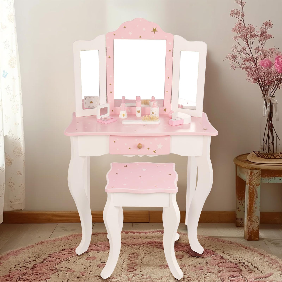 WoodenEdu Kids Vanity Set with Mirror for Girls Age 4-9