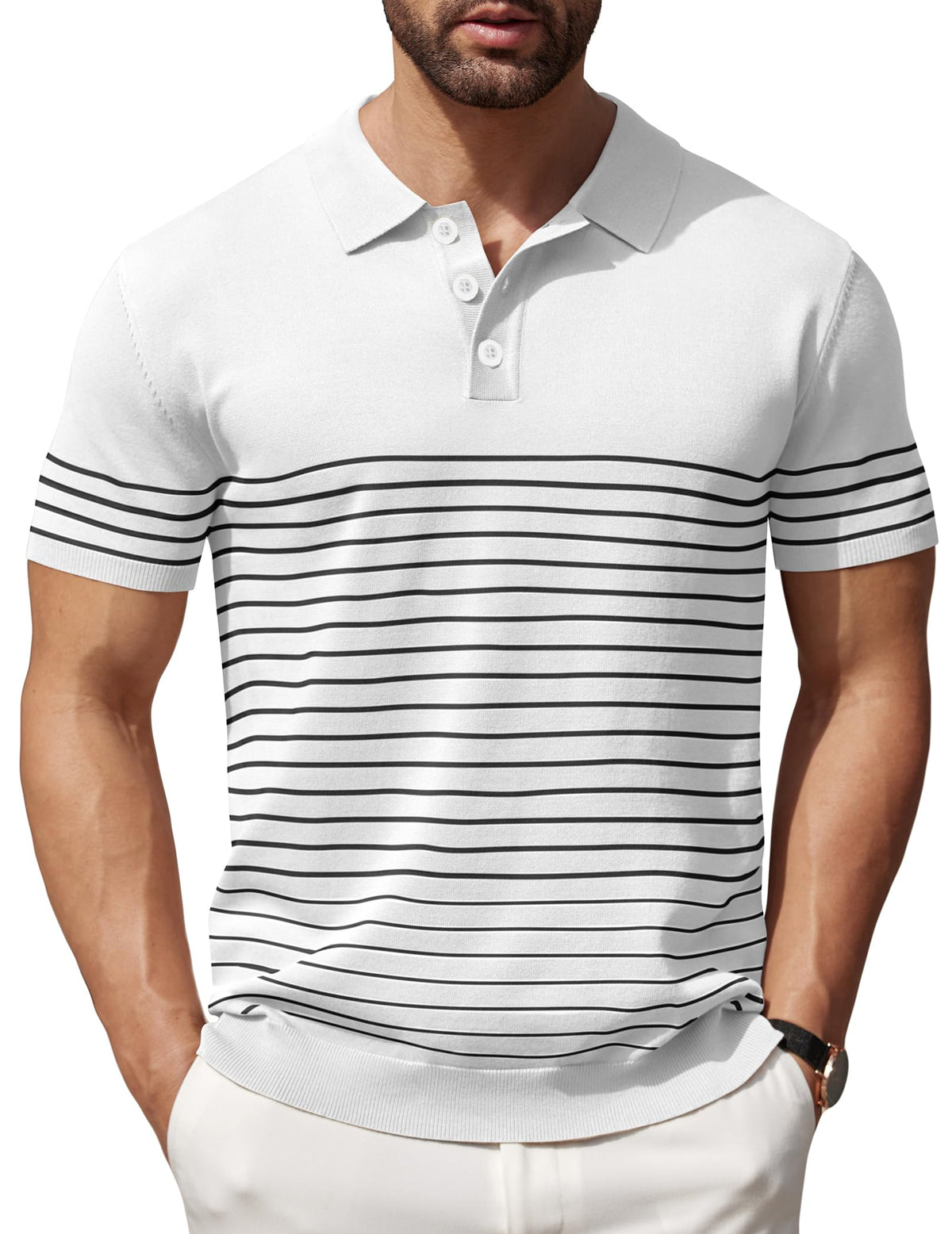 COOFANDY Mens Polo Shirts Striped Knitting Golf Shirts Lightweight Short Sleeves Shirts, White, XX-Large