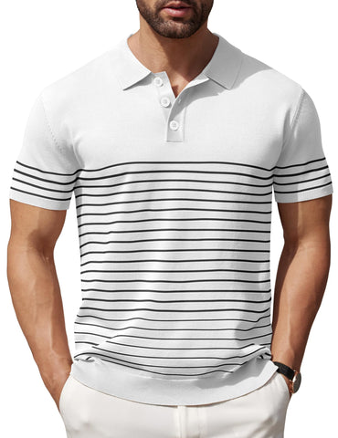 COOFANDY Mens Polo Shirts Striped Knitting Golf Shirts Lightweight Short Sleeves Shirts, White, XX-Large