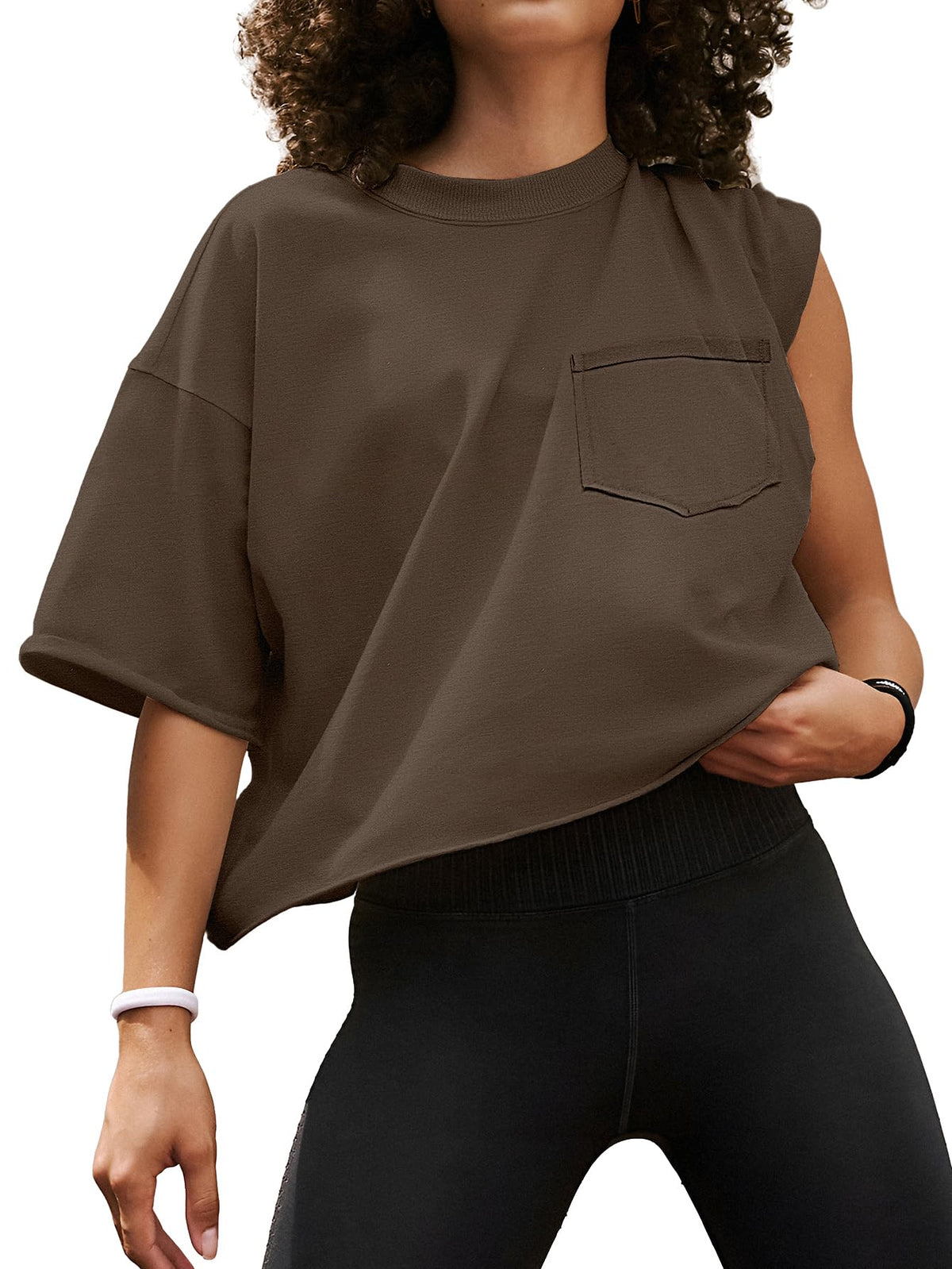 ATHMILE Womens Oversized T-Shirts Short Sleeve Workout Crop Tops Casual Drop Shoulder Boxy Roll Hem Basic Loose Tees Brown