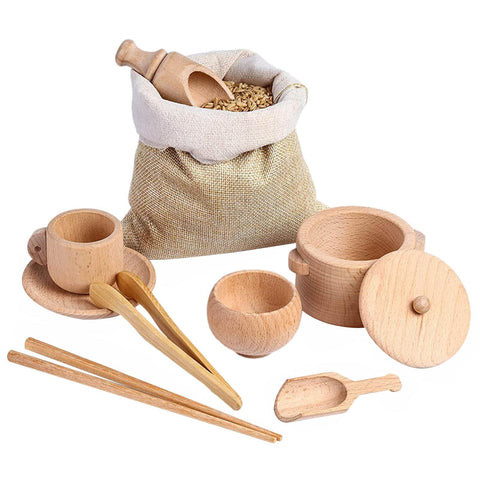 komsoup Wooden Sensory Toys Montessori Sensory Bin Tools | Pack Of 8 KIds Kitchen Toys With Mini Wooden Scoops And Wooden Tongs | Ideal-for Transfer Work And Fine Motor Skills Development