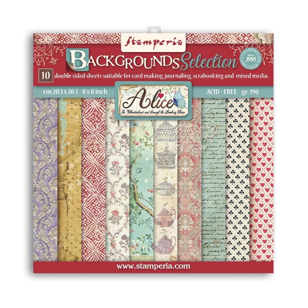 Stamperia International Mini Scrapbooking Pad-Double Sided Sheets-Backgrounds Selection Alice, 8 x 8 inches, Various