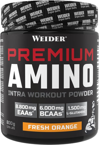 Weider Premium Amino Powder, Fresh Orange, Intra Workout, 8,000mg EAA's, 6,000mg BCAA's, Glutamine, Plus Electrolytes, 800g