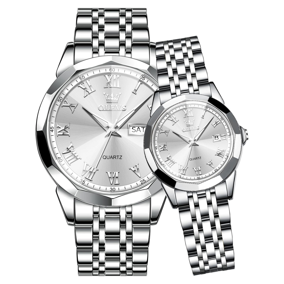 OLEVS Couple Watches Men and Women Pair Wrist Watches Silver Stainless Steel His and Hers Watches Set Waterproof Dress Analog Matching Watches for Couples Day Date Couples Watch Set for Him and Her