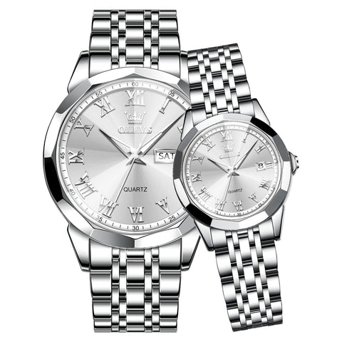 OLEVS Couple Watches Men and Women Pair Wrist Watches Silver Stainless Steel His and Hers Watches Set Waterproof Dress Analog Matching Watches for Couples Day Date Couples Watch Set for Him and Her