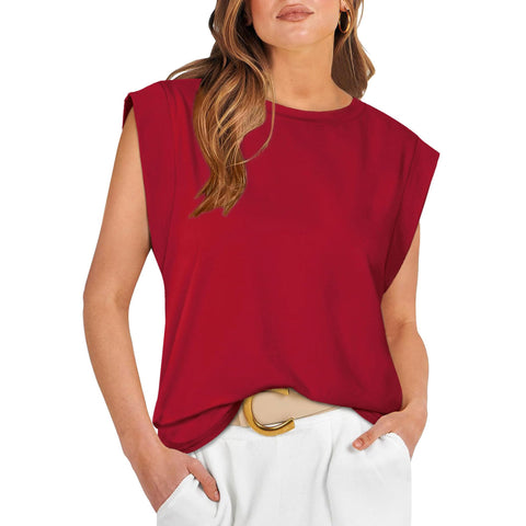 Bestgift Top Tank top T-shirt Round Neck Loose Sleeveless Women Striped Wine red M
