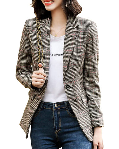 ebossy Women's Notch Lapel 2 Button Boyfriend Blazer Suit Houndstooth Plaid Jacket Coat (2X-Large, X-Light Grey)