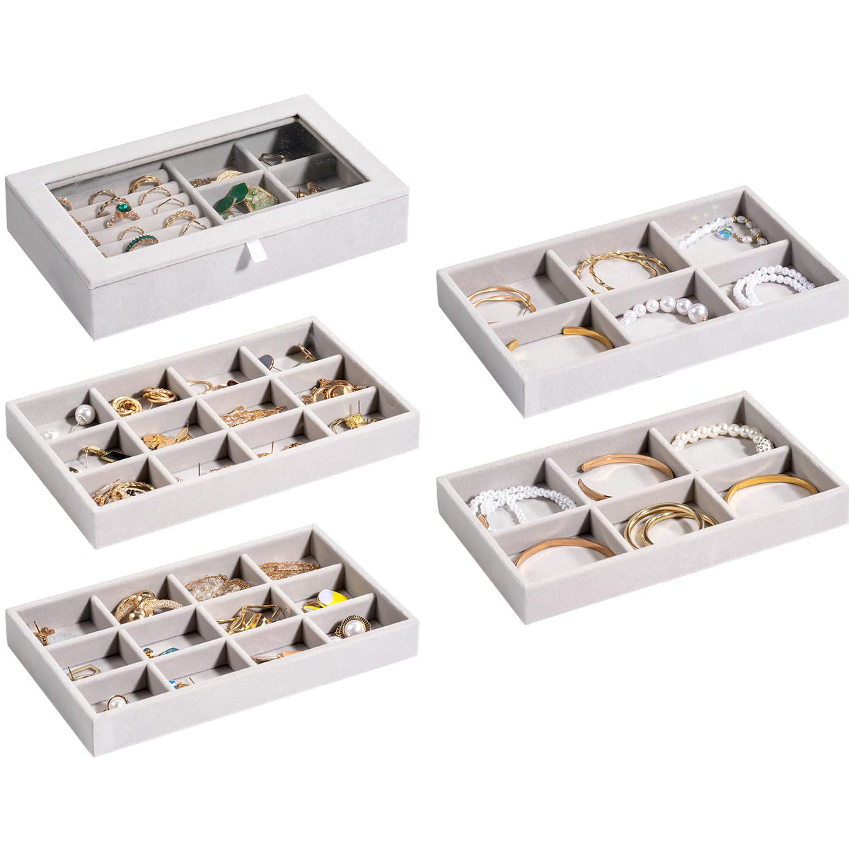 ProCase Jewelry Organiser Tray Jewelry Storage Box, Stackable Velvet Jewelry Drawer Organizer Inserts Earring Holder for Stud Earring Necklace Rings Bracelet, 8.27 x 4.72 x 5.71 -Grey, 5 Layers