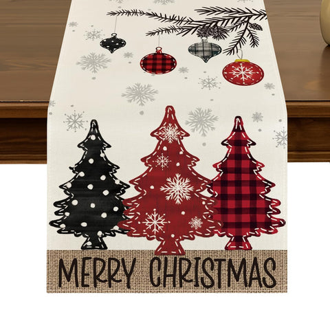 Merry Christmas Red Pine Trees Table Runner 13x72 Inch Winter Xmas Balls Kitchen Dining Table Decor for Indoor Outdoor Farmhouse Home Party Decoration ZQ68